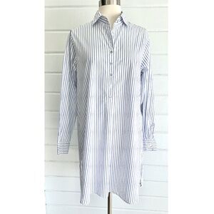 FLATS by JAN NIEMI Crisp Cotton Poplin Blue Striped Pop Over Shirtdress Tunic- M